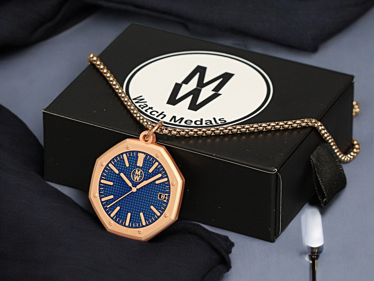 New Watch Design Necklace Pendant ROYALROSEBLUE In Original Watchmedals Box