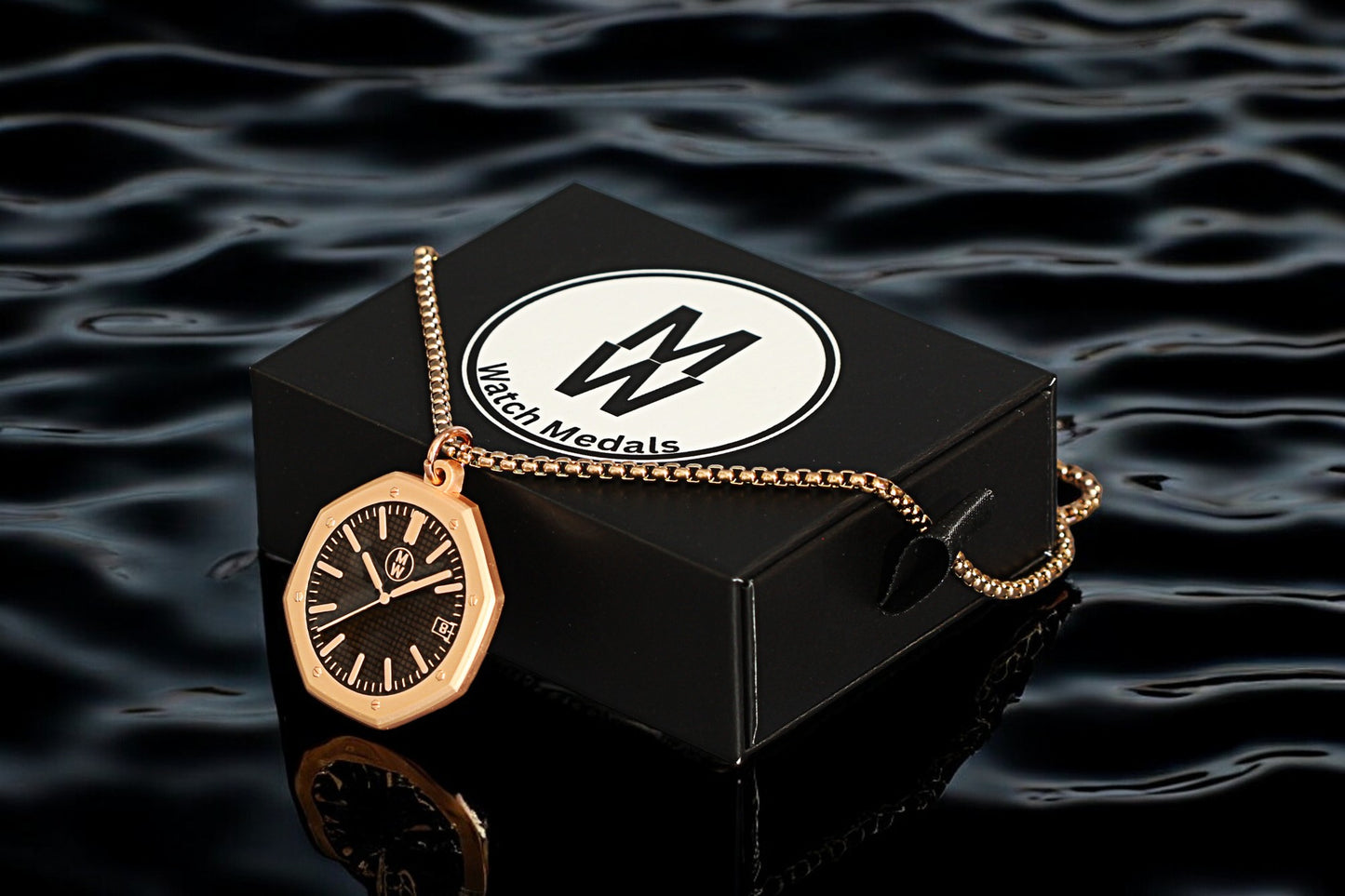 New Watch Design Necklace Pendant ROYALROSEBLACK In Original Watchmedals Box