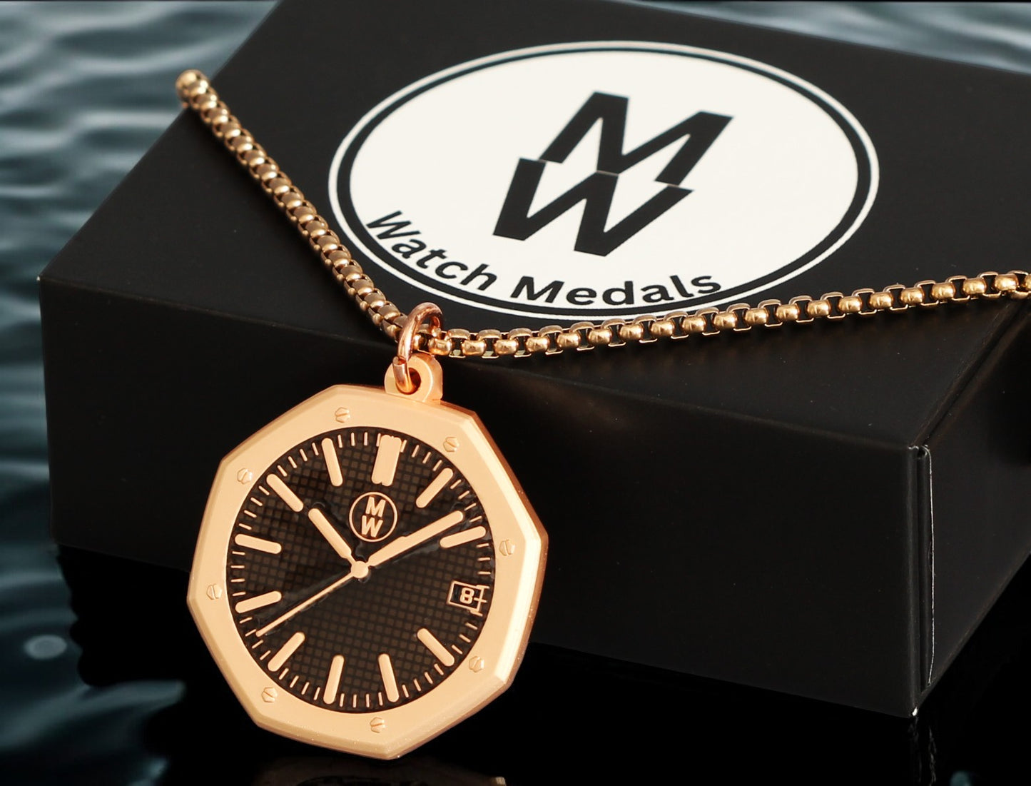 New Watch Design Necklace Pendant ROYALROSEBLACK In Original Watchmedals Box