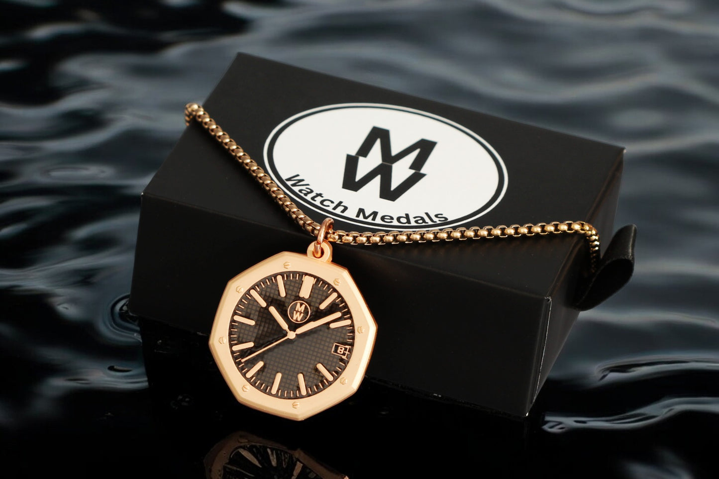 New Watch Design Necklace Pendant ROYALROSEBLACK In Original Watchmedals Box